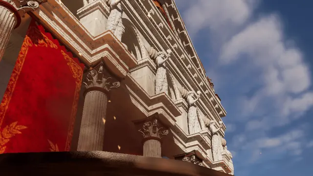 A Roman facade adorned with red banners and statues