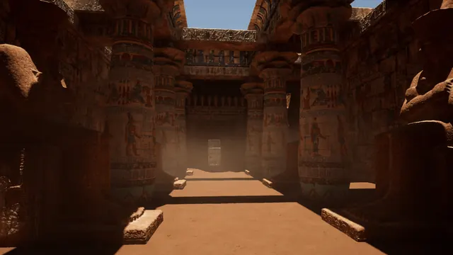 An Egyptian temple hall with hieroglyph-covered columns