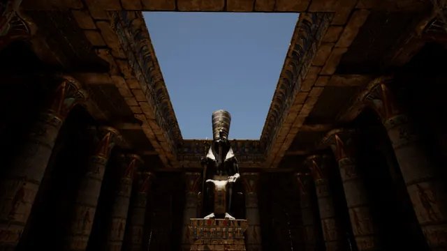 A colossal pharaoh statue enthroned beneath an open sky